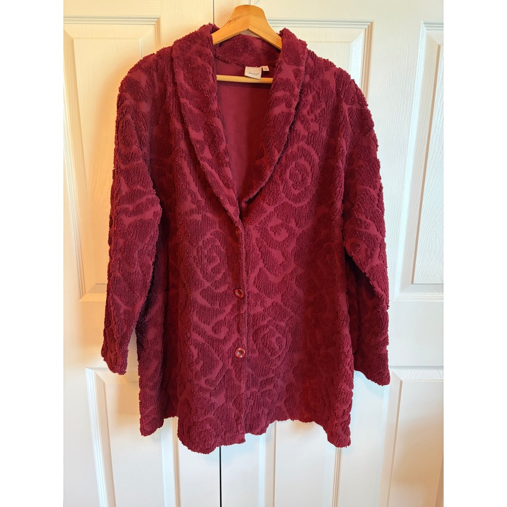 Vintage 90s Focus USA Chenille Cotton Jacket Burgundy Rose Floral XL Made in USA